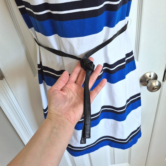 Tommy Hilfiger white blue black stripe dress with faux leather belt womens XS - Picture 2 of 10